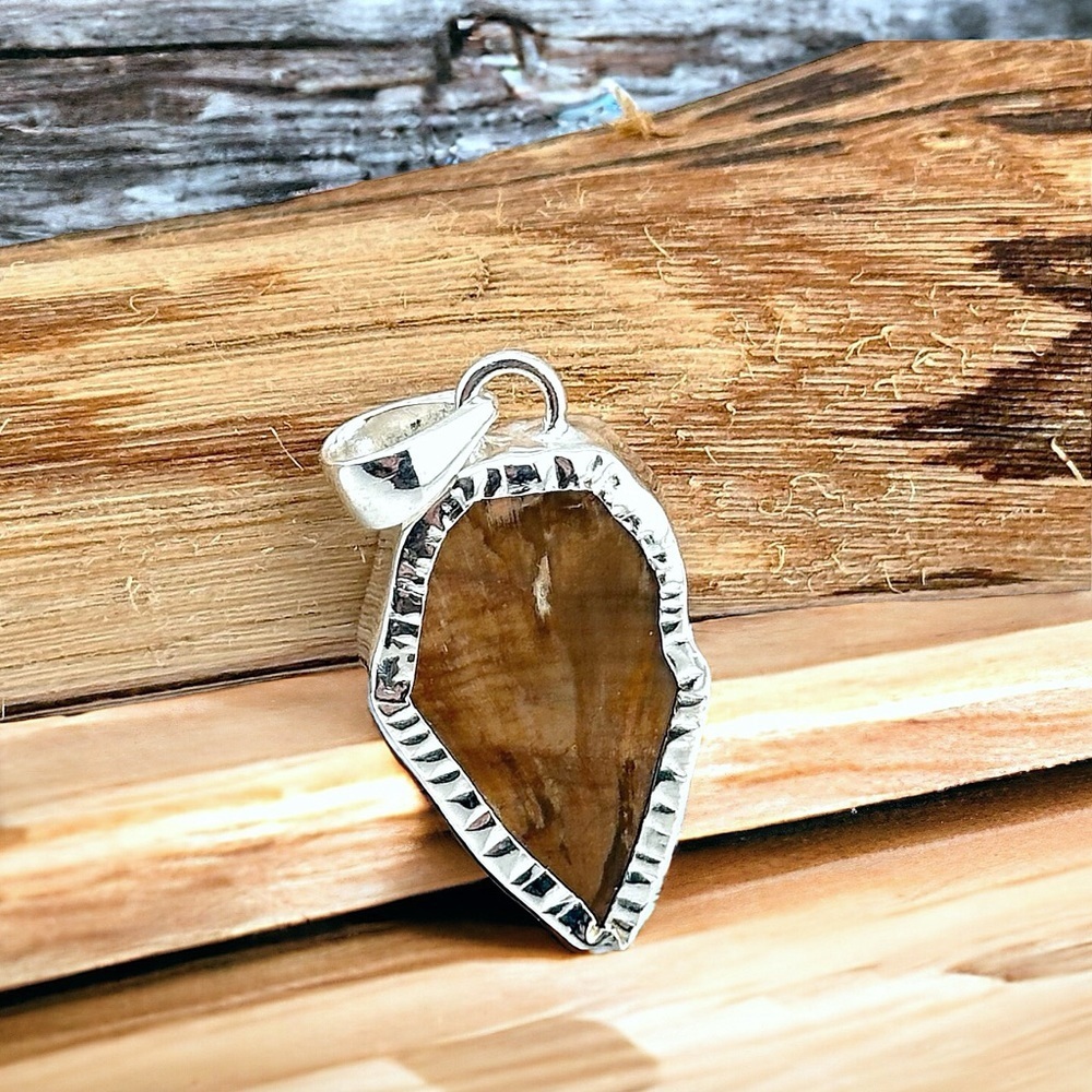 RARE Blue Forest Petrified Wood Solid Sterling Silver Pendant Necklace